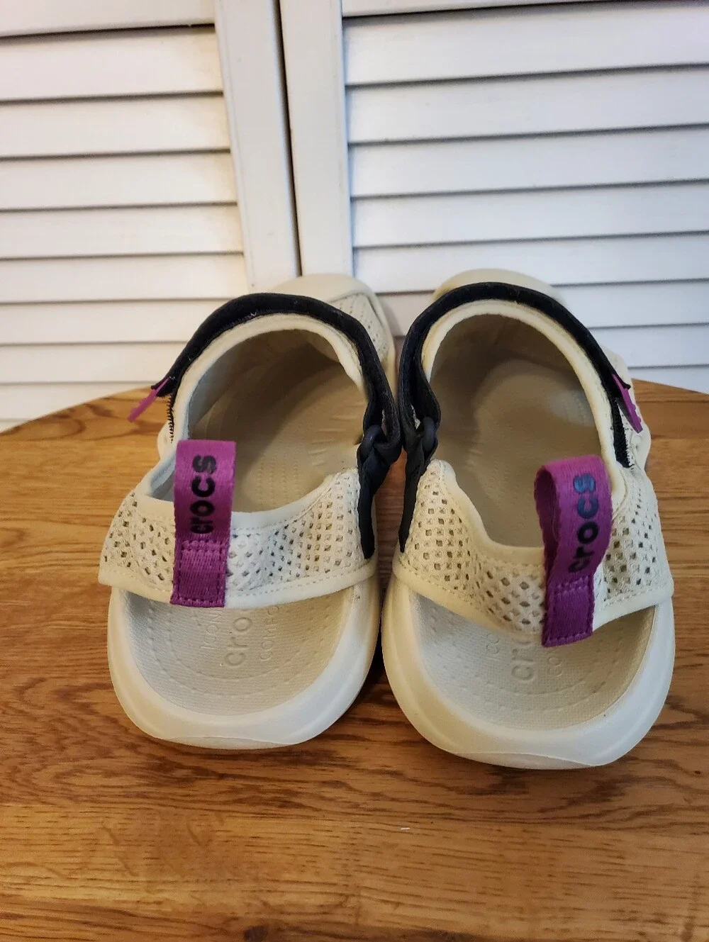 CROCS Swiftwater Men's Cream Mesh Sandals with Black & Purple Accents, Size 11